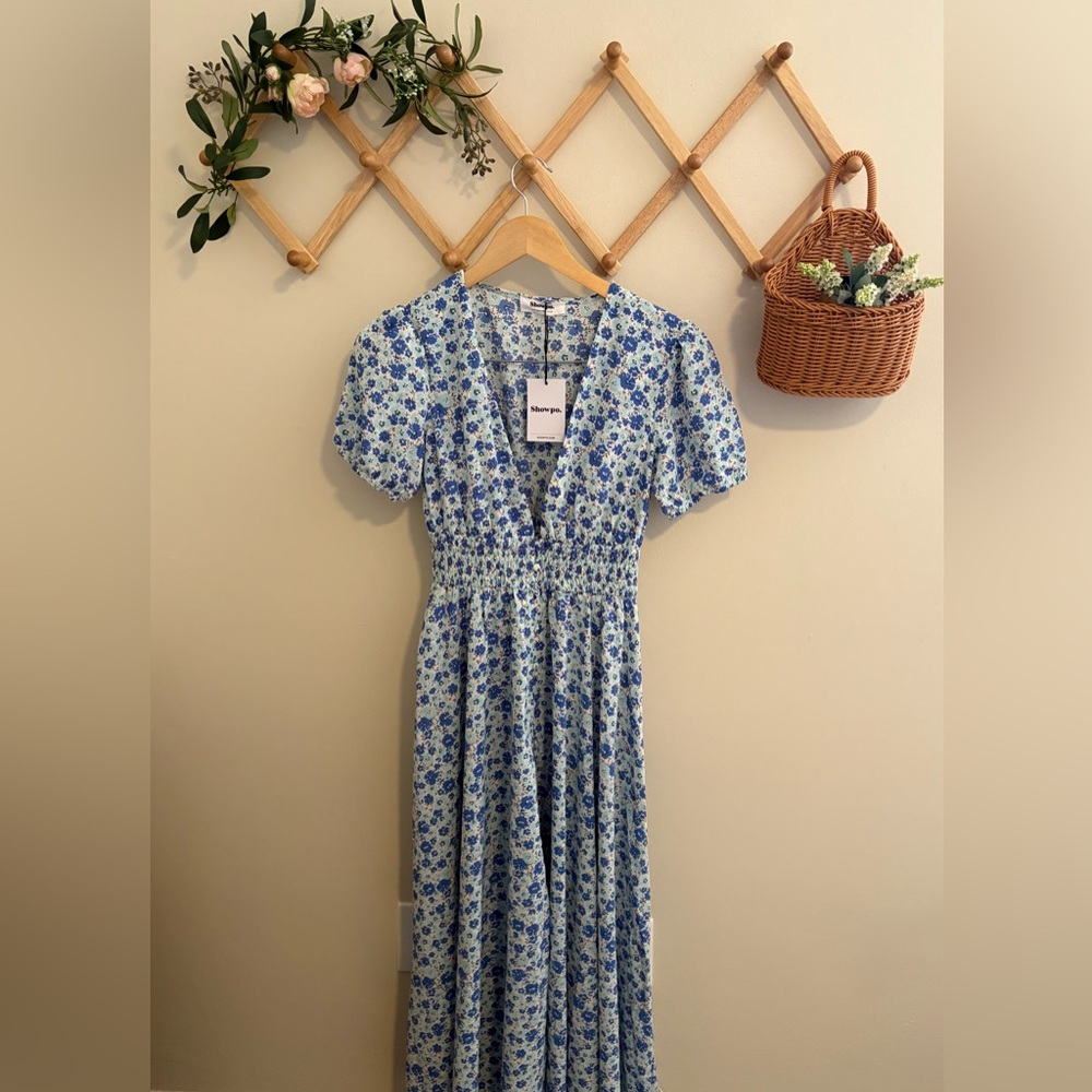 Floral Blue Deep V Dress